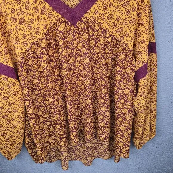 Lane Bryant Plus Boho Floral Blouse 18/20 Burgundy Mustard Yellow Trendy Flowy - Picture 7 of 10